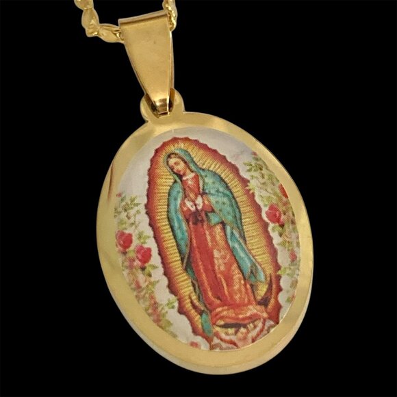 Virgin Mary Our Lady of Guadalupe Gold Necklace 19" Plated Pendant Mexican Saint - Picture 1 of 9